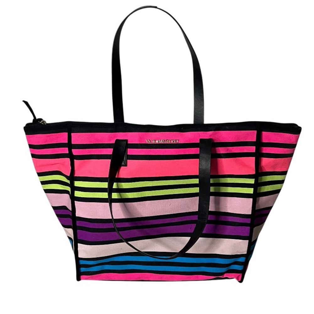 VICTORIAS SECRET Striped Tote Bag Neon Bright Pastel Colors Top Zip Lined